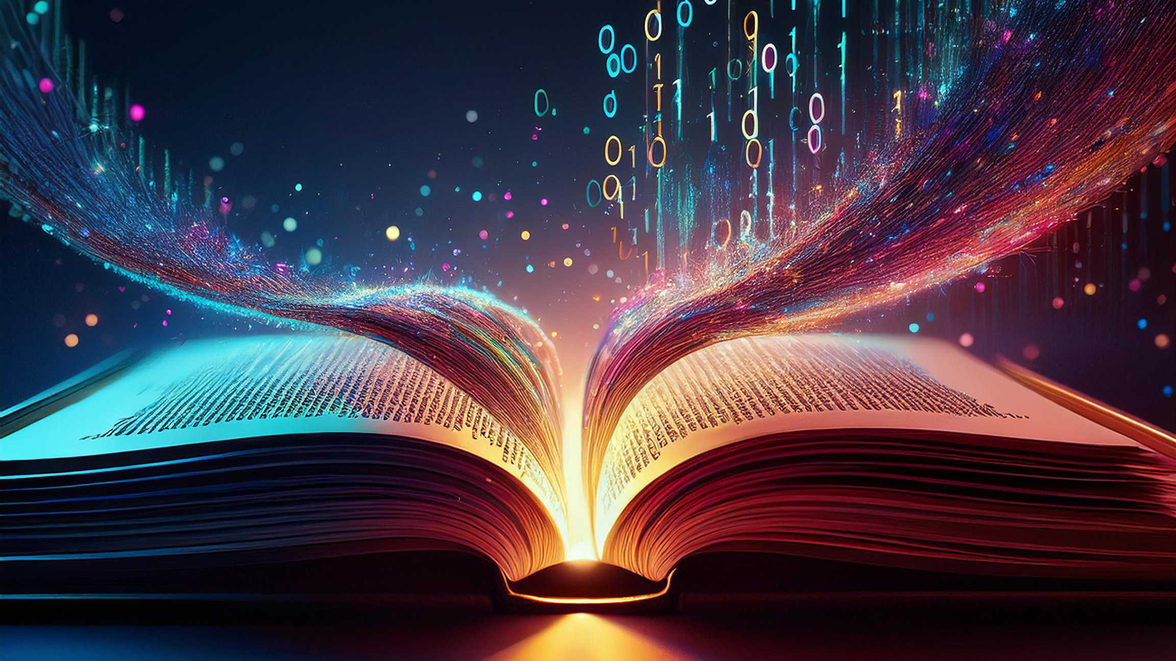 An open book with glowing digital data streams emerging, symbolizing the evolution of AI and the fusion of knowledge and technology.