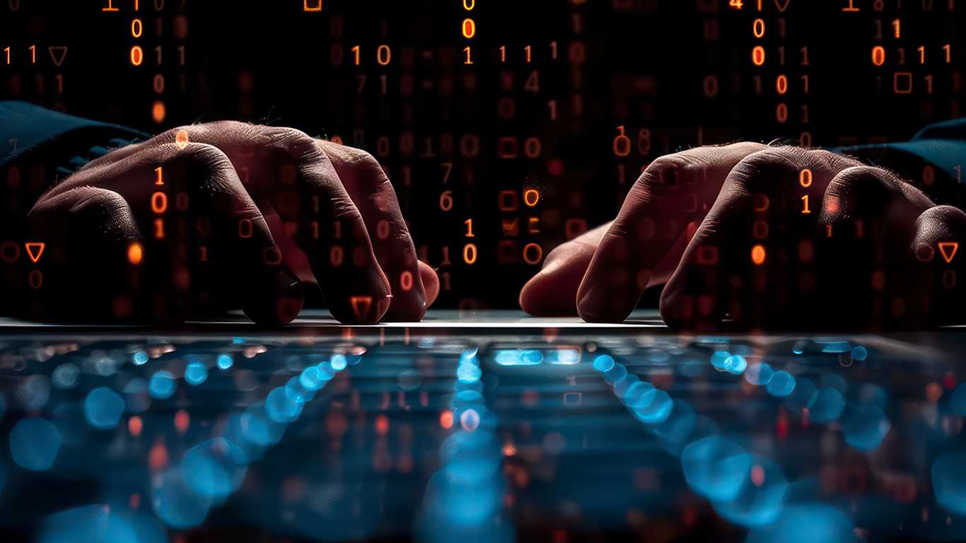 Close-up of hands typing on a keyboard with glowing binary code, symbolizing cyber threats and data extortion.