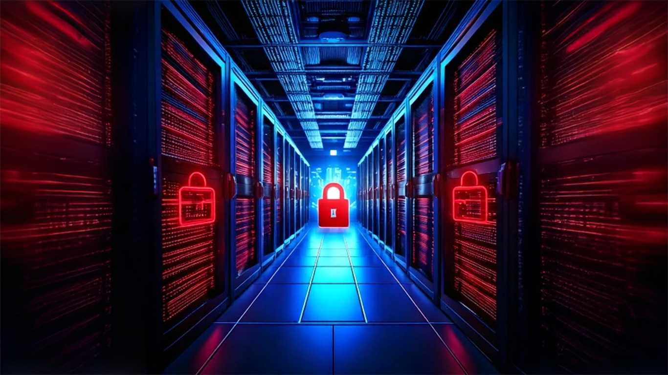 A secured server room with glowing red lock icons, symbolizing law enforcement's crackdown on bulletproof hosting provider Zservers/XHOST.