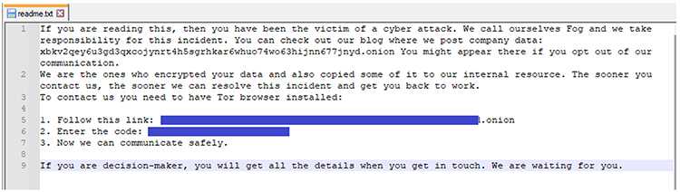 Screenshot of Fog ransom note