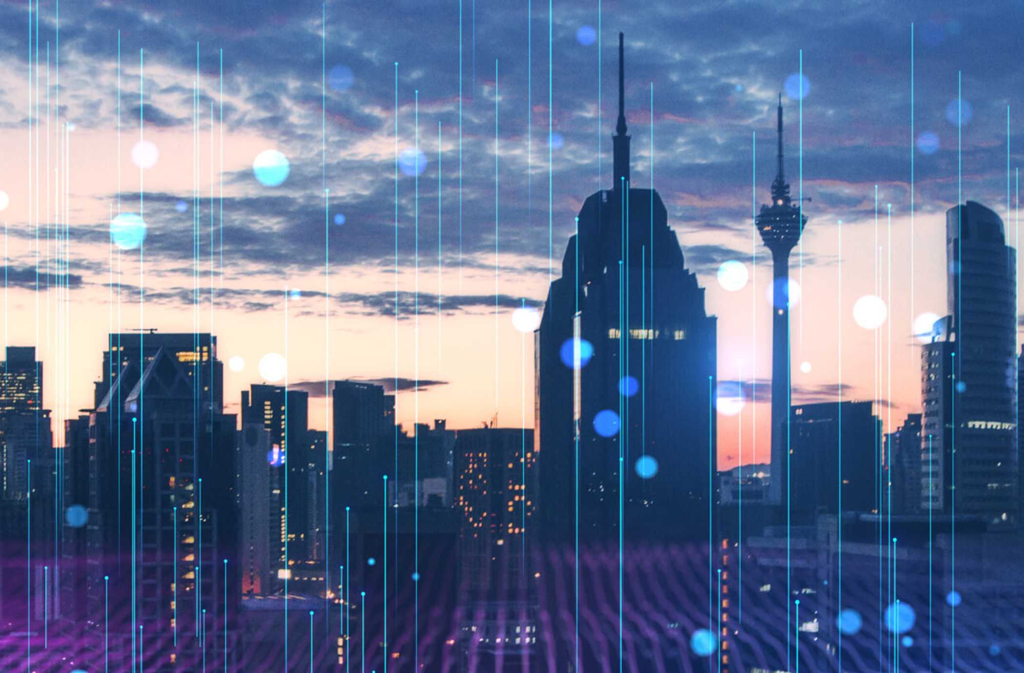 Ai Image of cityscape with pink and blue gradient digital waves overlaying the city.