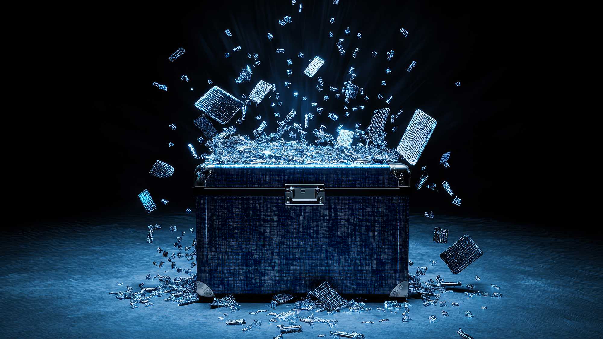 Digital data exploding from a secure chest, symbolizing the LockBit ransomware leak 2025 and massive SQL data breach.