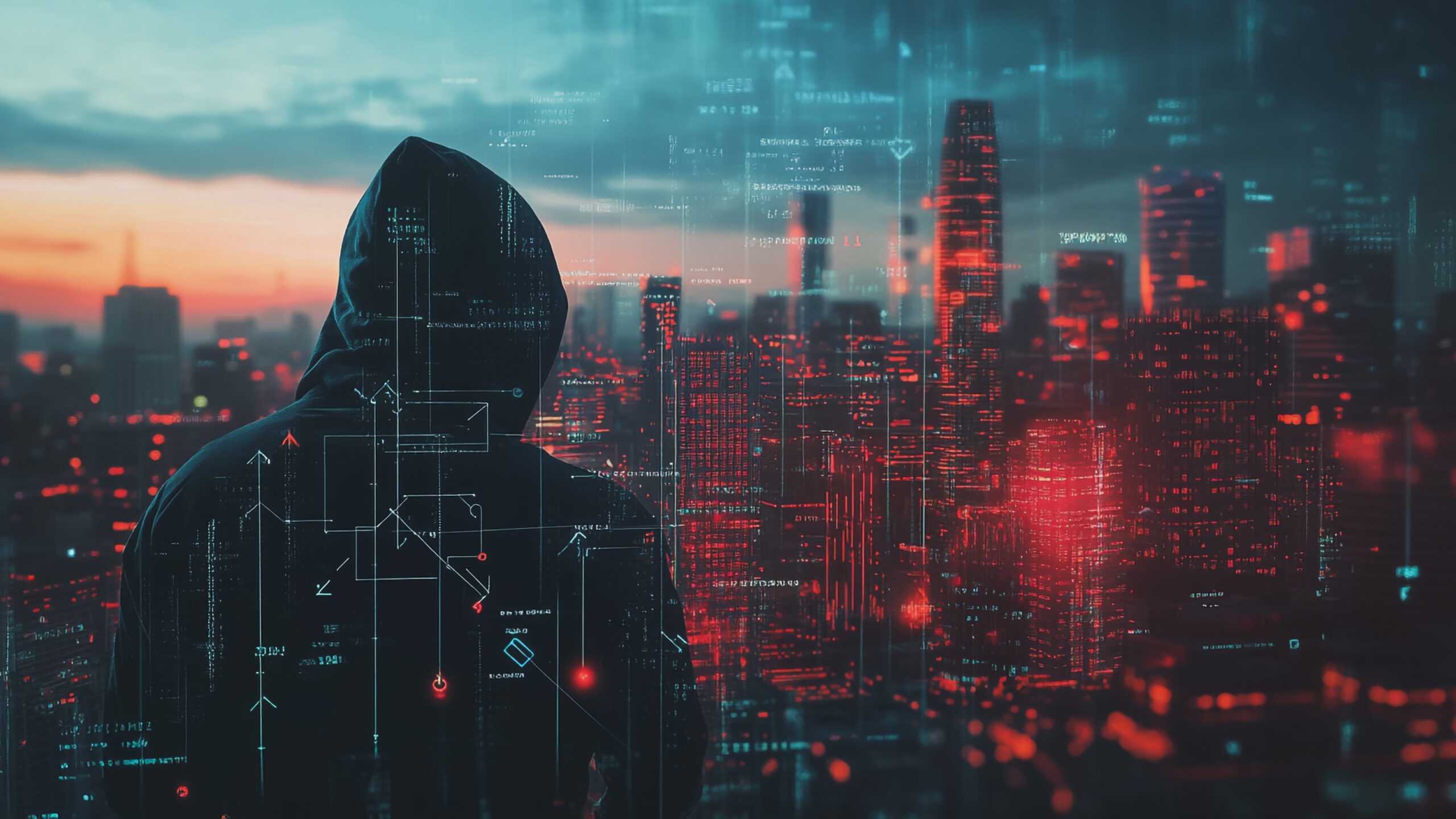 Hacker overlooking city with digital overlay symbolizing Anubis ransomware group cyber attack