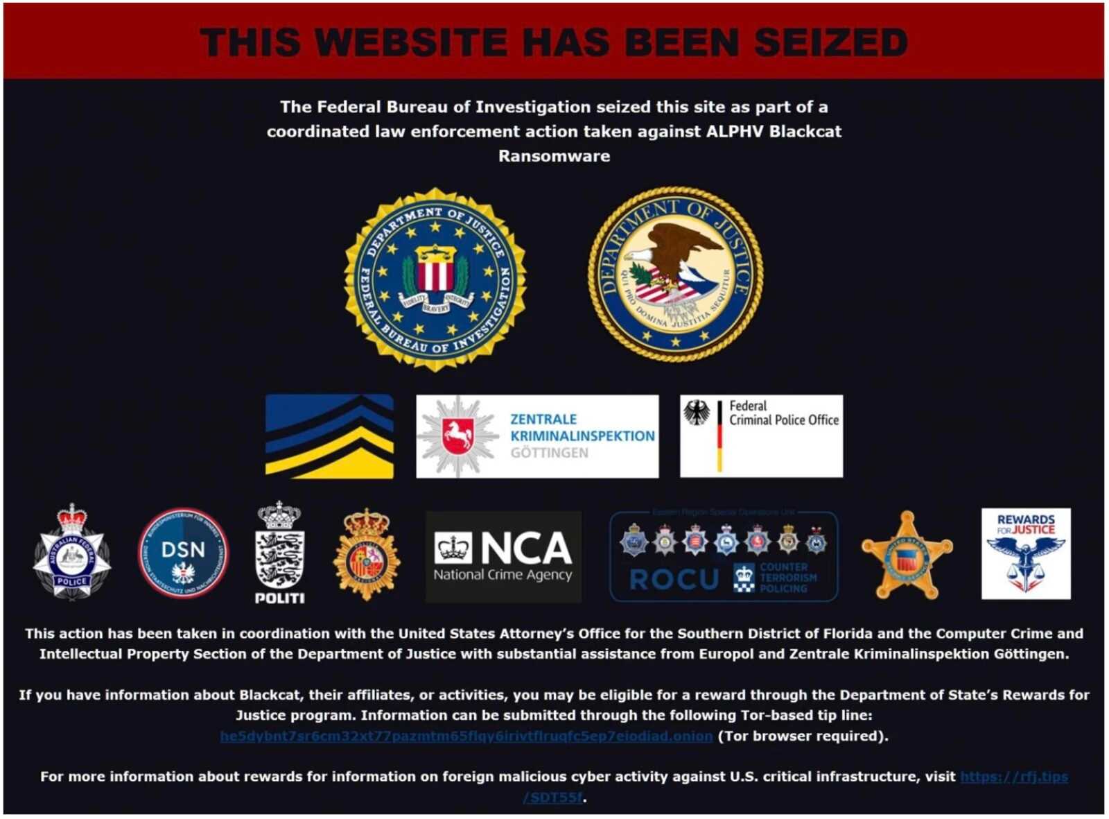 Screenshot stating the FBI has seized the ALPHV Blackcat site as part of a coordinated law enforcement action.