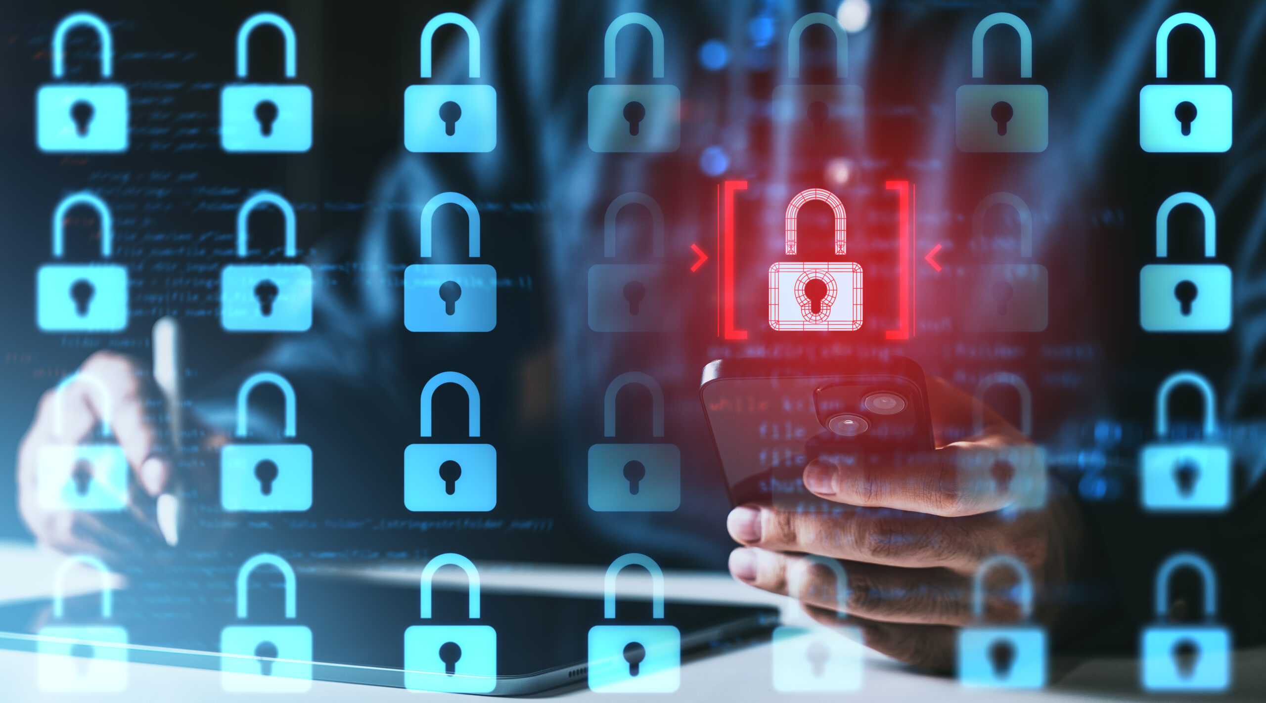 Smartphone with digital padlocks, one red unlocked, symbolizing password manager clickjacking vulnerabilities.