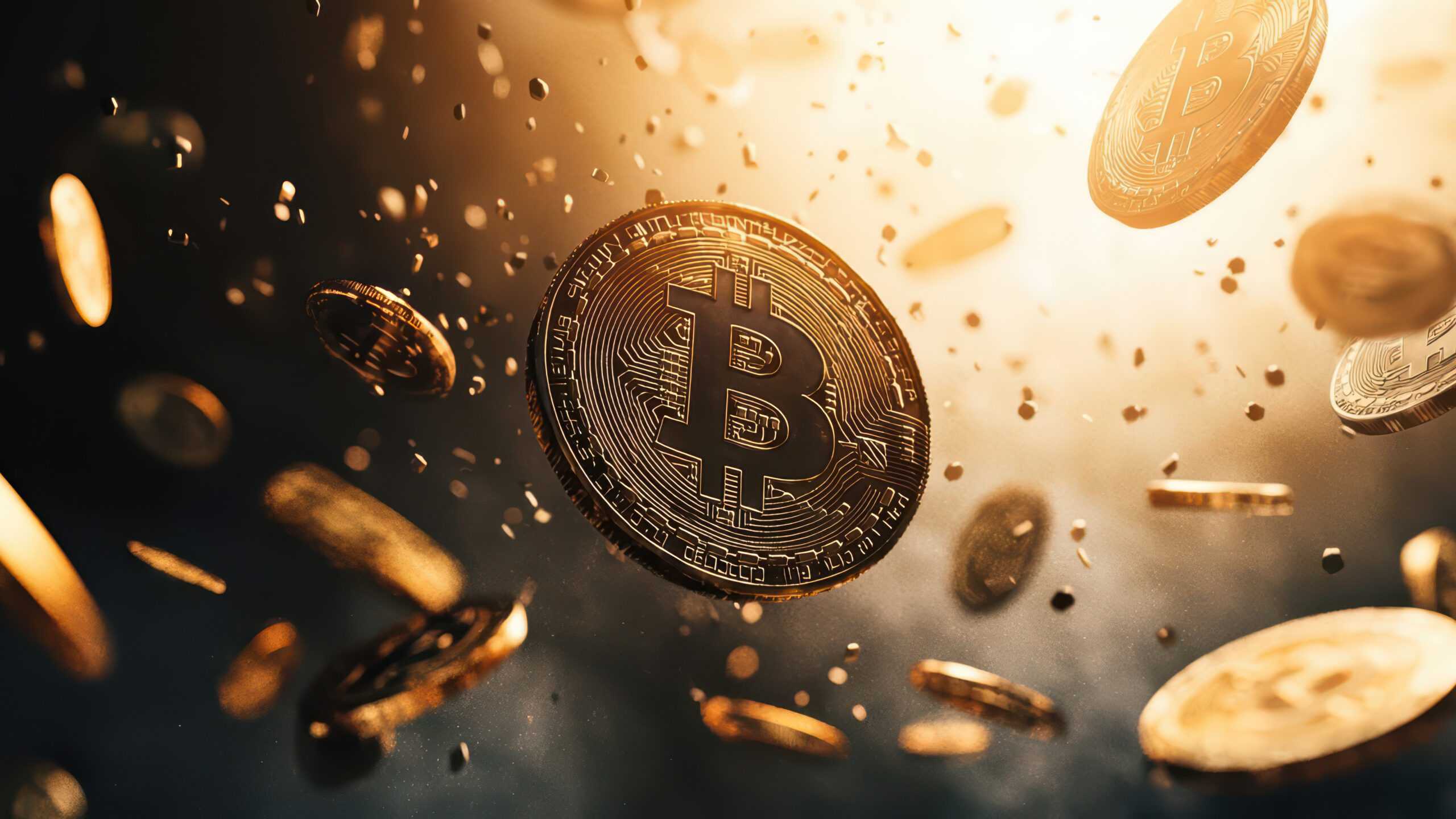 Bitcoin coins floating in golden light, symbolizing digital finance amid the 2025 Coinbase data breach concerns.