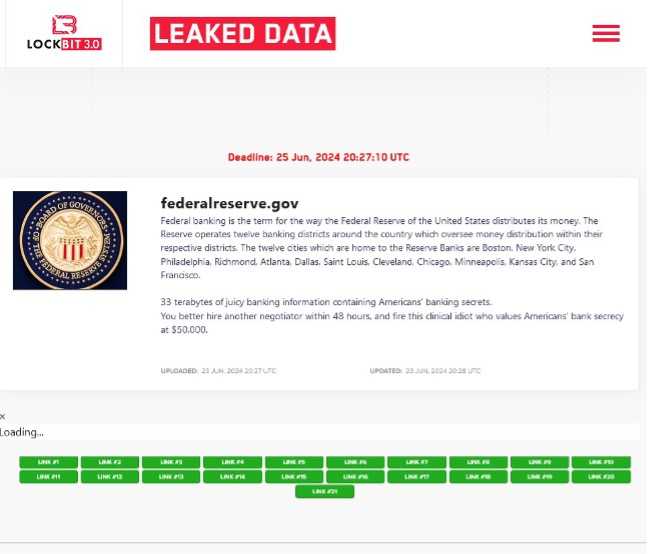 Screen shot from LockBit's website stating they have data leak of the US Federal Reserve.