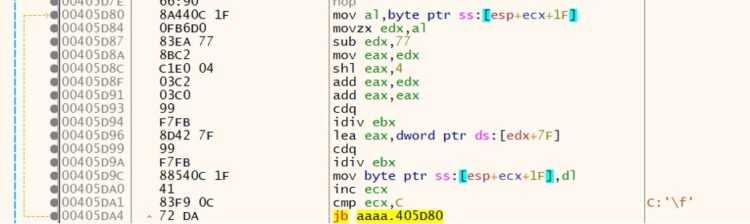 Screen shot of BlackSuit ransomware string decoding loop that are encoded