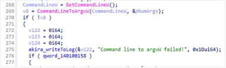 Code segment demonstrating how Akira ransomware reads command line arguments to execute its functions.