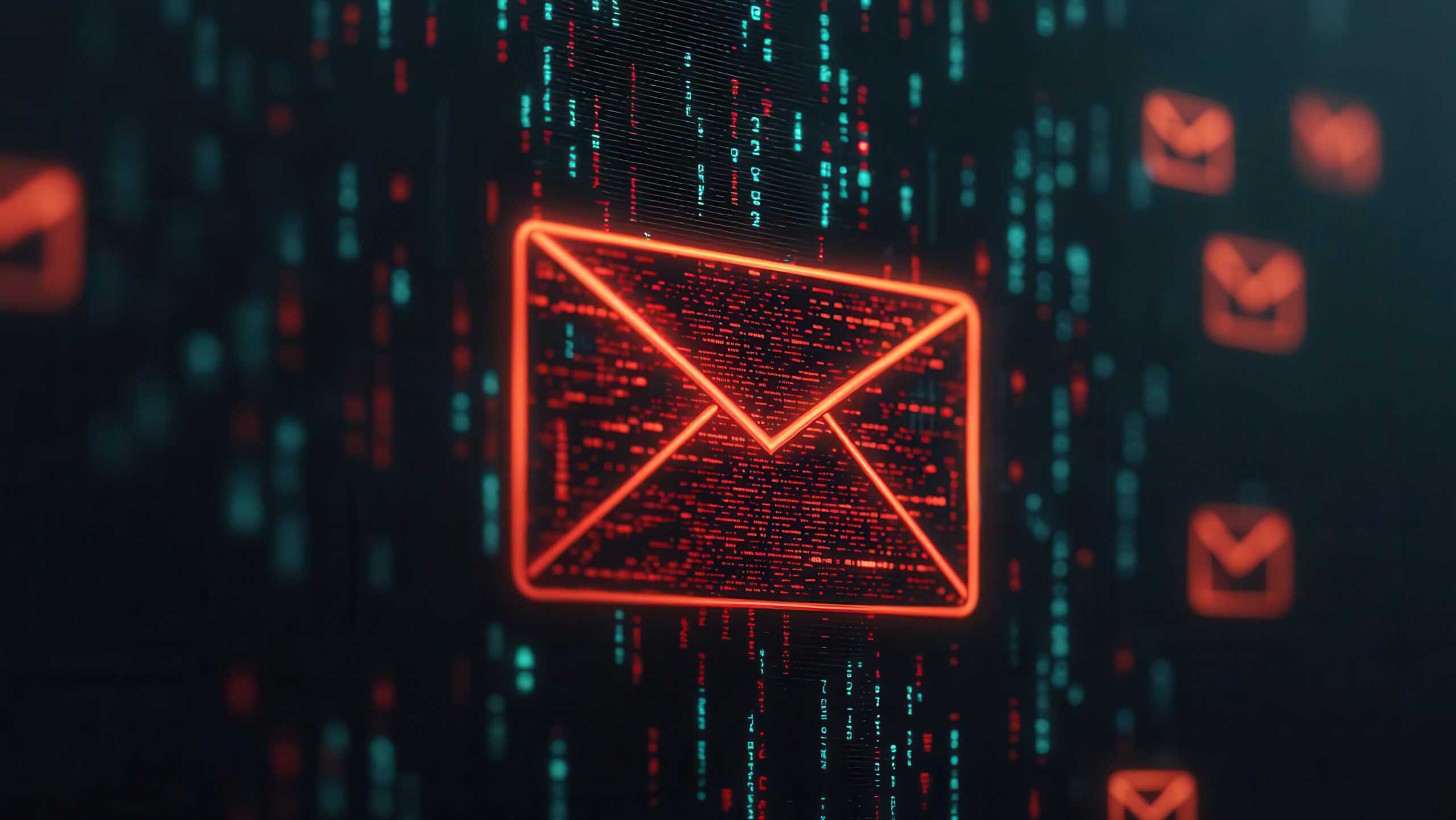 Glowing red email icon with digital code, symbolizing phishing email used in Fog ransomware campaign.