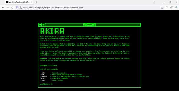 Akira ransomware’s Darknet Leak Site on Tor for data disclosure.