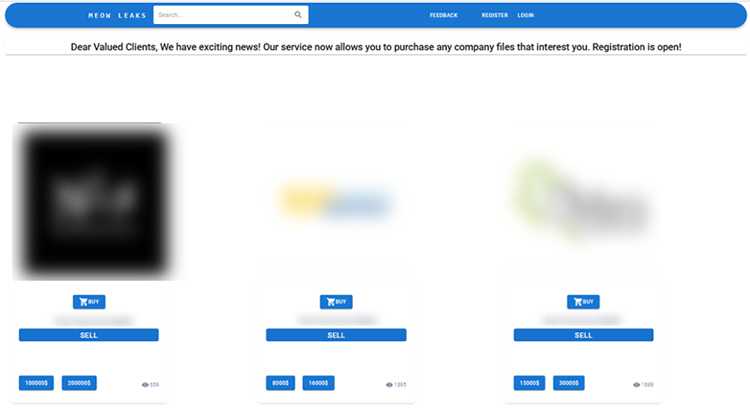Meow ransomware data leak site showcasing data pricing.